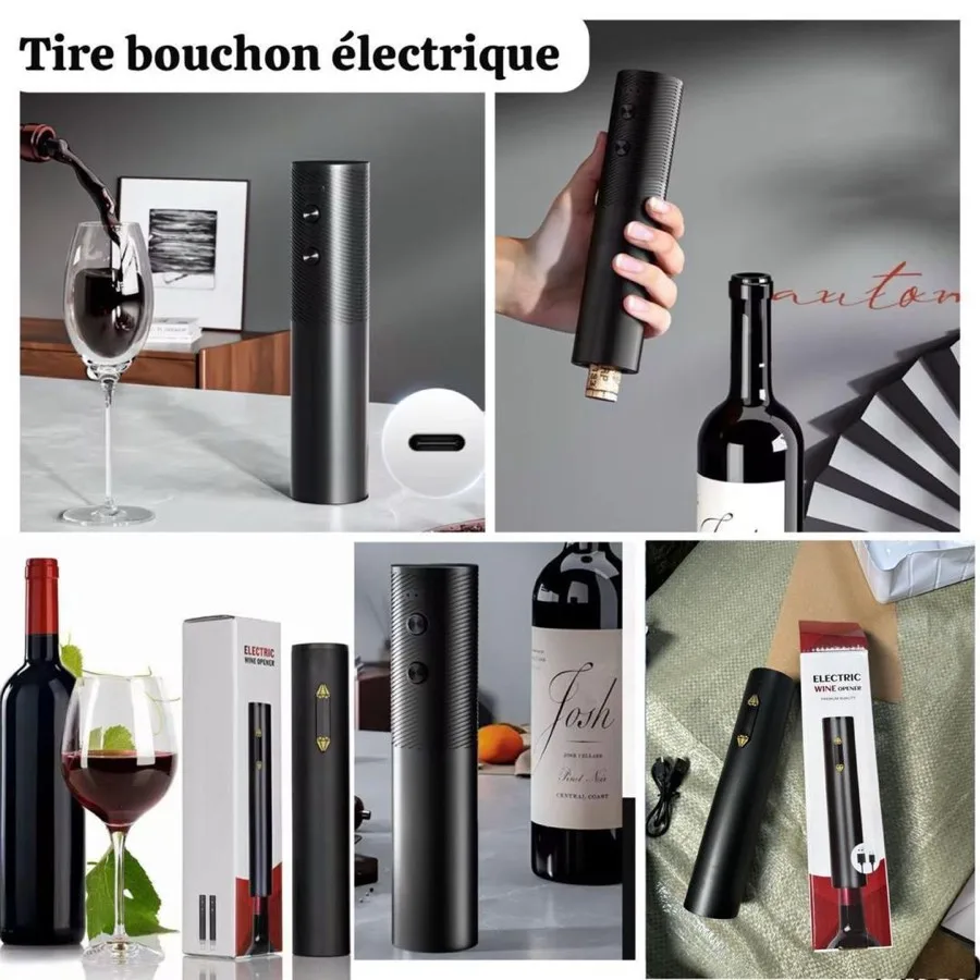 Tire-bouchon électrique noir à deux boutons, présenté avec une bouteille de vin
