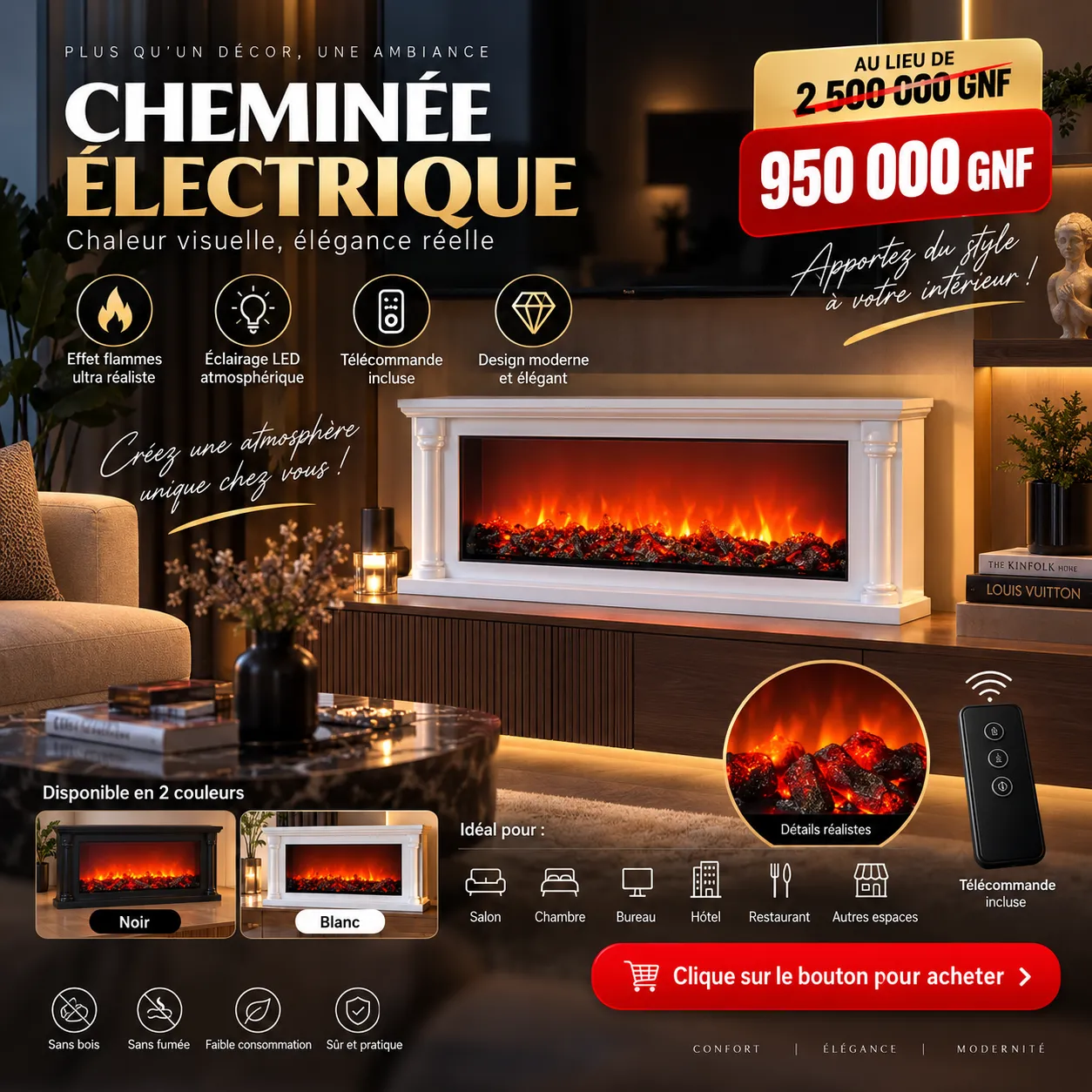 Cheminée Électrique Décorative LED – L’Élégance — miniature 3