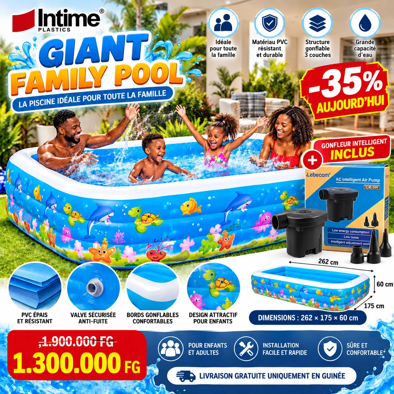 🏖️ Piscine Gonflable Familiale Intime Giant Family Pool + Gonfleur Intelligent - 262 × 175 × 60 cm