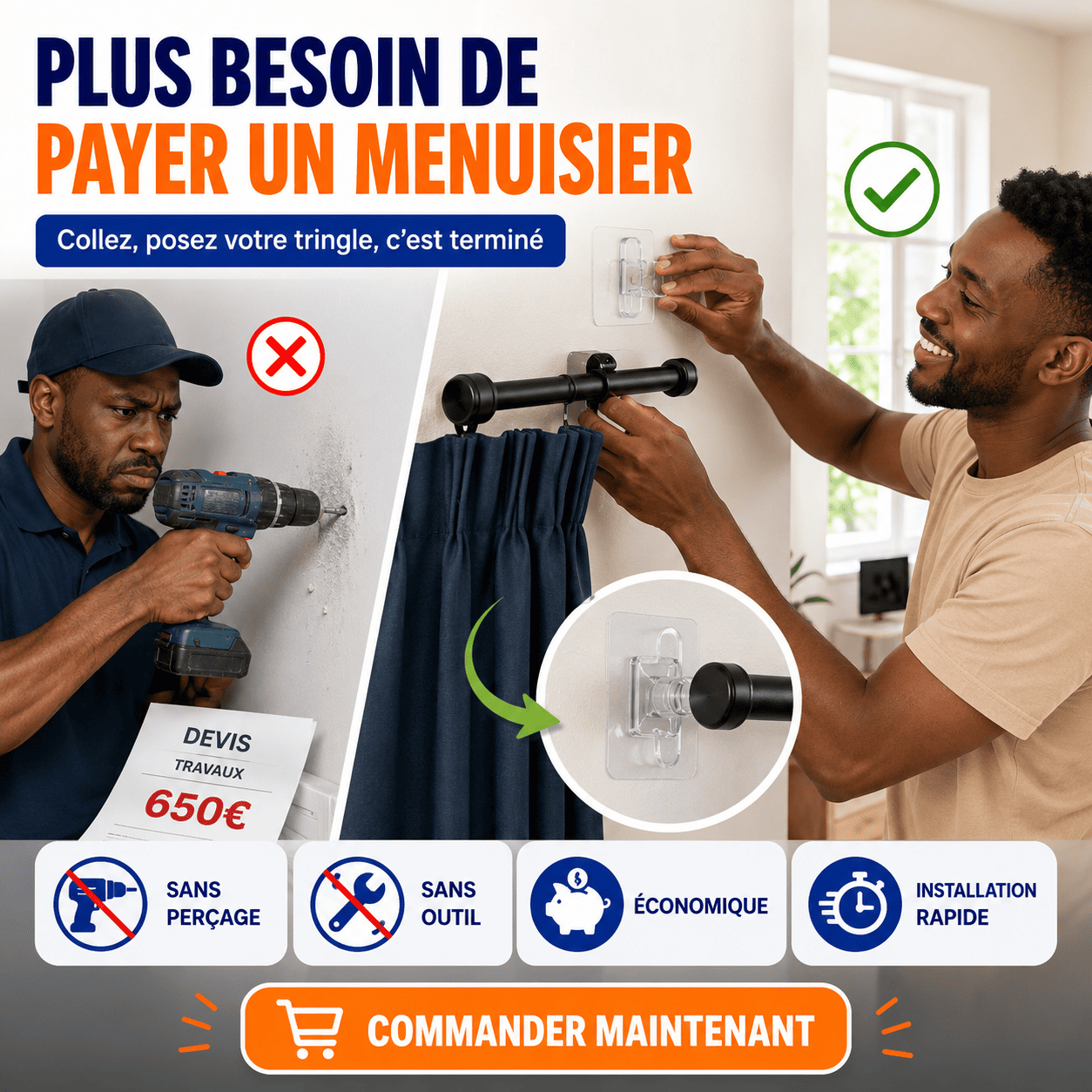 Supports de Tringle Ultra-Résistants Sans Perçage — Installez Vos Rideaux Sans Menuisier — miniature 4