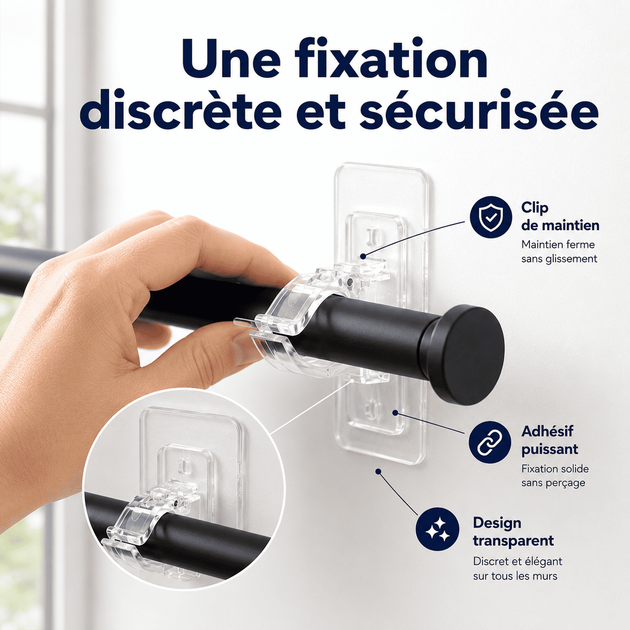 Supports de Tringle Ultra-Résistants Sans Perçage — Installez Vos Rideaux Sans Menuisier — miniature 7