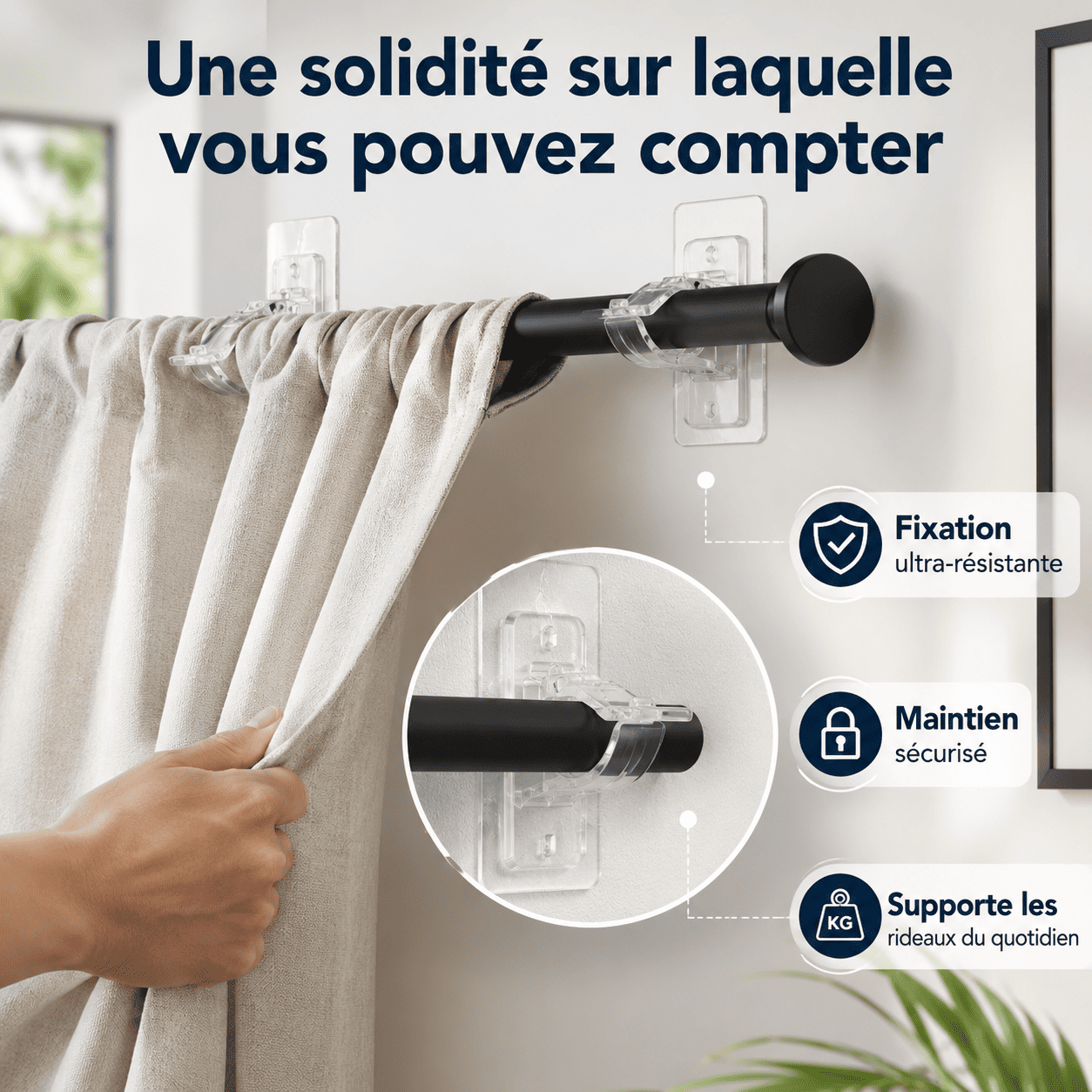Supports de Tringle Ultra-Résistants Sans Perçage — Installez Vos Rideaux Sans Menuisier — miniature 2