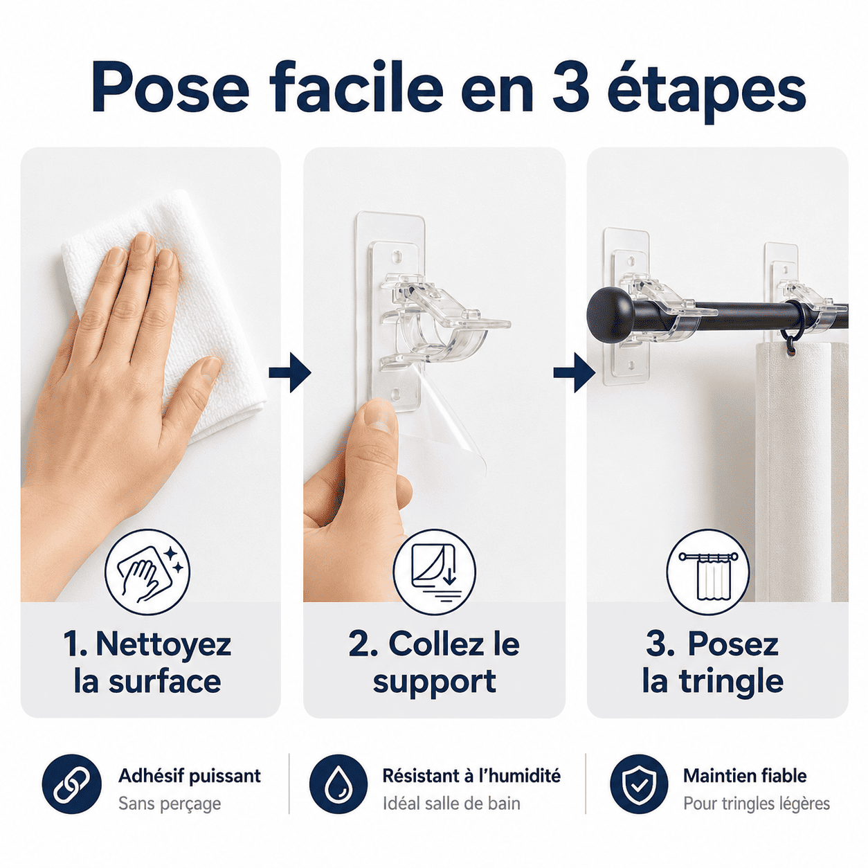 Supports de Tringle Ultra-Résistants Sans Perçage — Installez Vos Rideaux Sans Menuisier — miniature 6