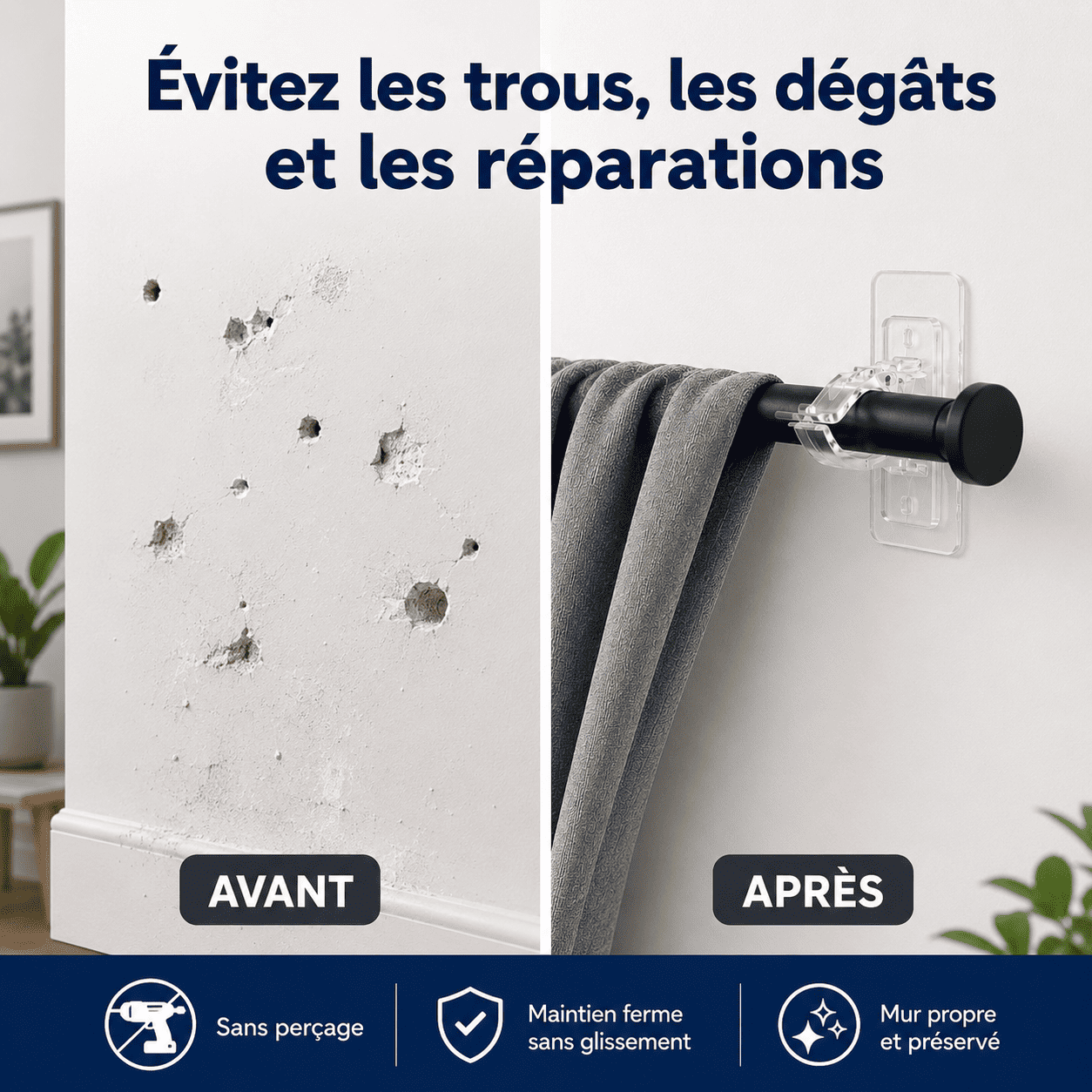 Supports de Tringle Ultra-Résistants Sans Perçage — Installez Vos Rideaux Sans Menuisier — miniature 5