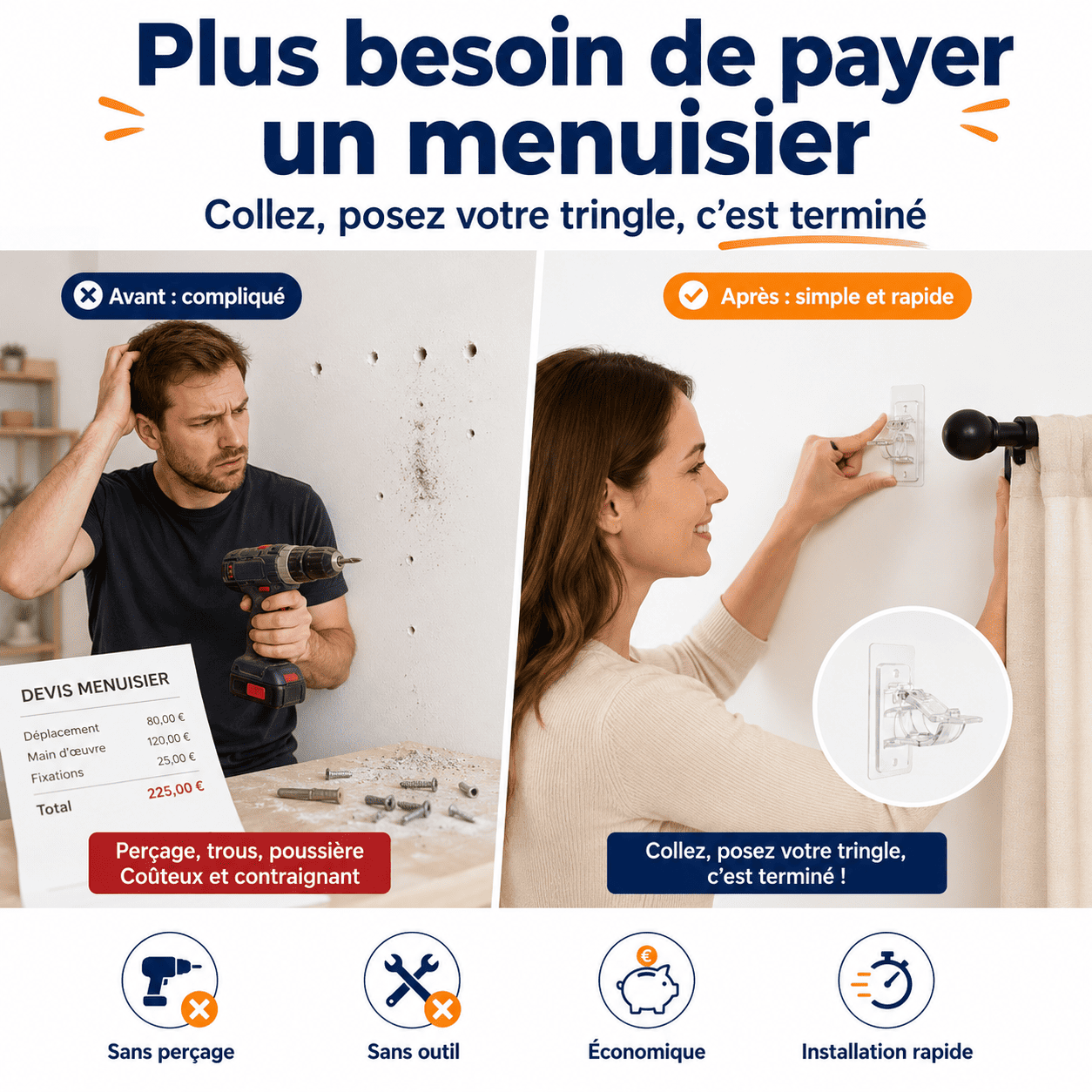 Supports de Tringle Ultra-Résistants Sans Perçage — Installez Vos Rideaux Sans Menuisier — miniature 8