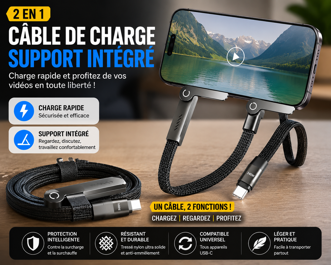 Câble Charge Rapide 2 en 1 avec Support Intégré — miniature 2