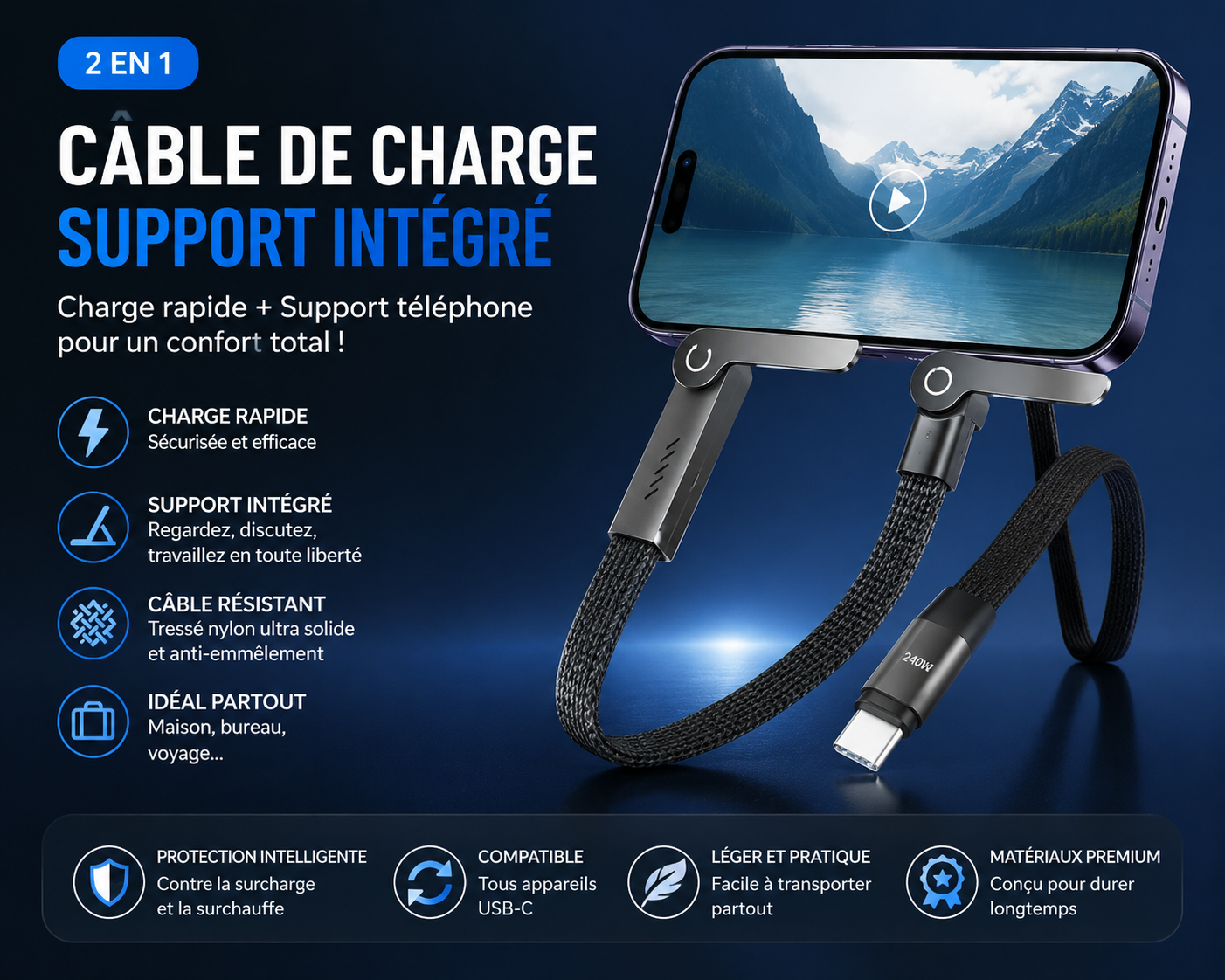 Câble Charge Rapide 2 en 1 avec Support Intégré — vue 1