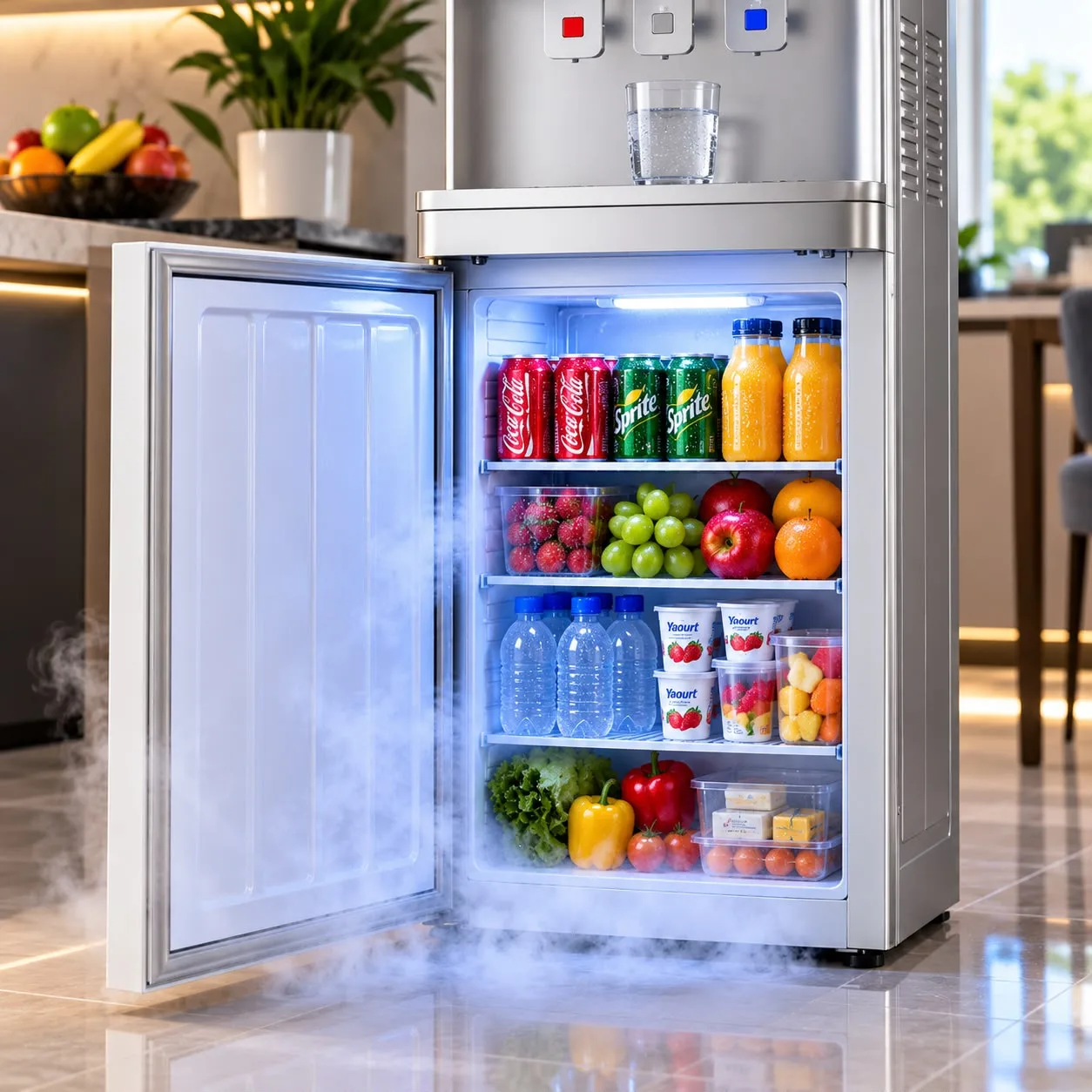 Compartiment réfrigéré inférieur ouvert avec boissons, fruits et collations