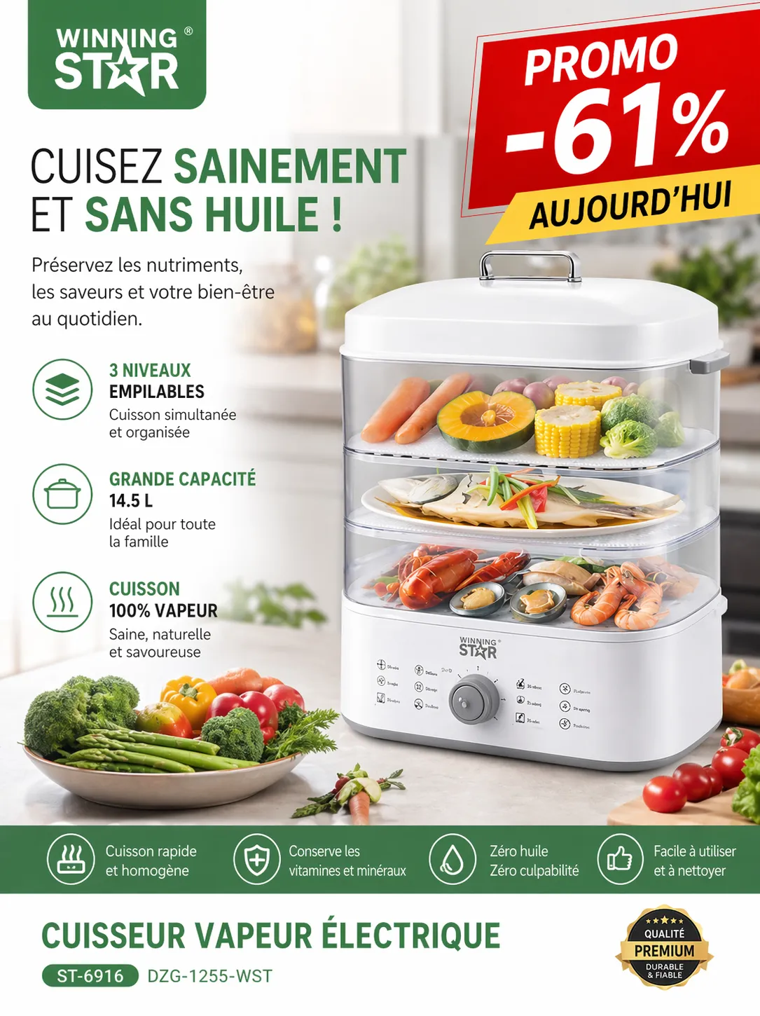 Cuit-vapeur électrique multifonctionnel – Cuisine saine et facile — vue 1