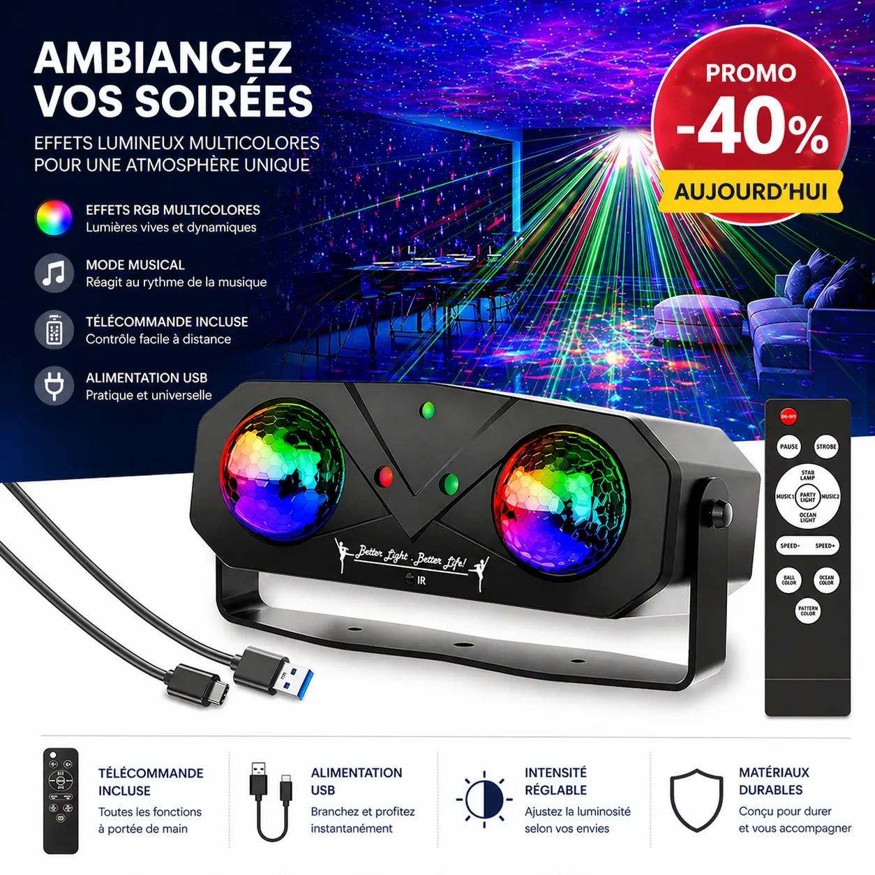 Projecteur Laser LED RGB avec Télécommande — vue 1