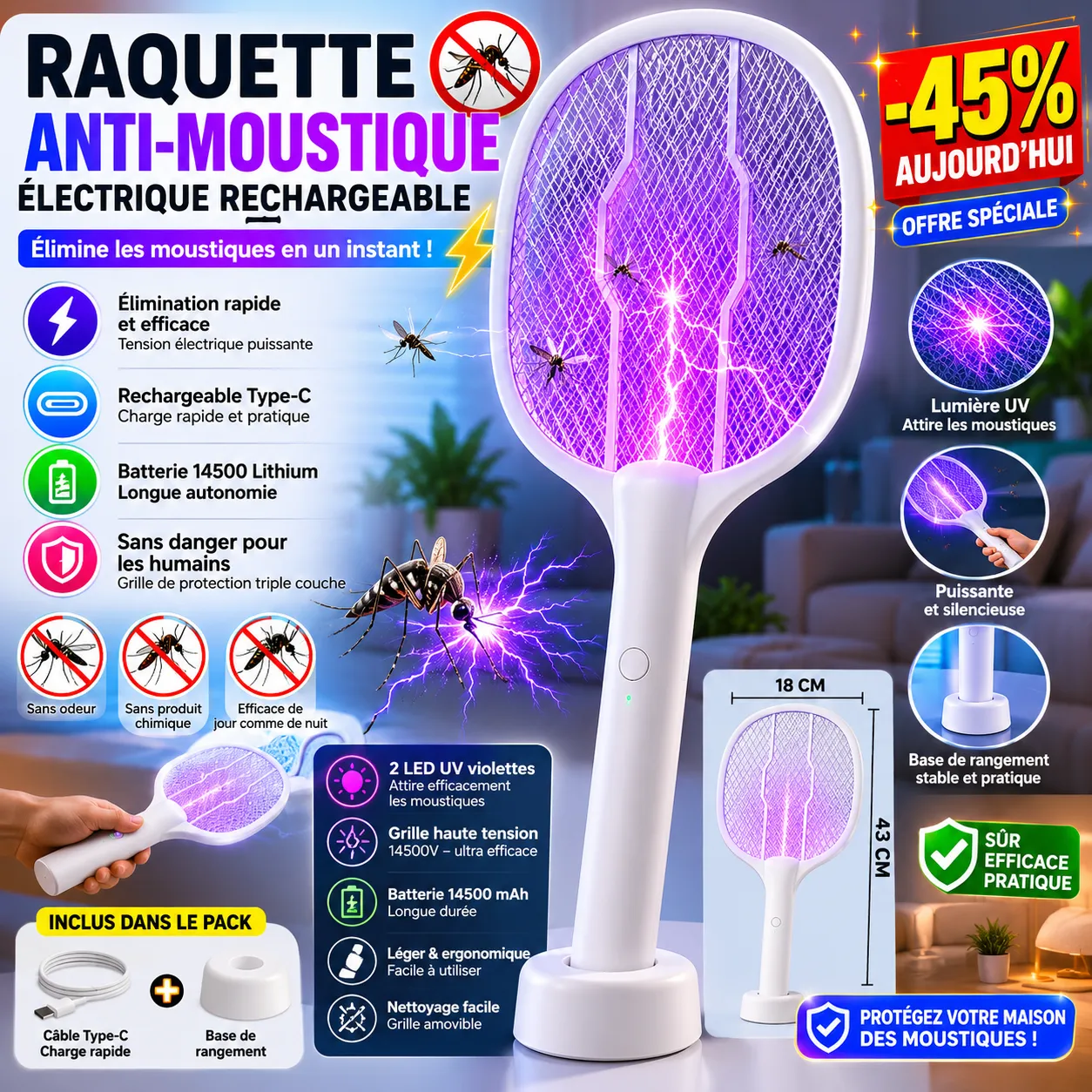 Raquette Anti-Moustiques Electrique Rechargeable Haute Performance — vue 1