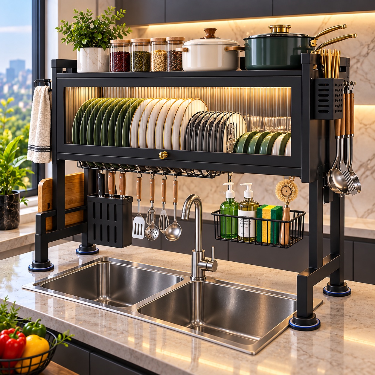 🍽️ ÉGOUTTOIR DE CUISINE MULTIFONCTION AVEC DOUBLE ÉVIER — miniature 2