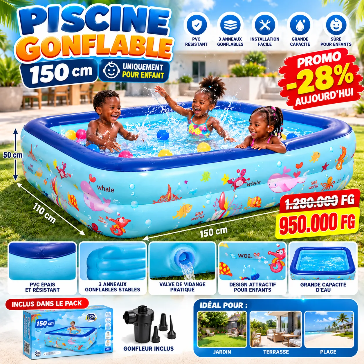 🏊‍♂️ Piscine Gonflable 150 cm – Spéciale Enfants