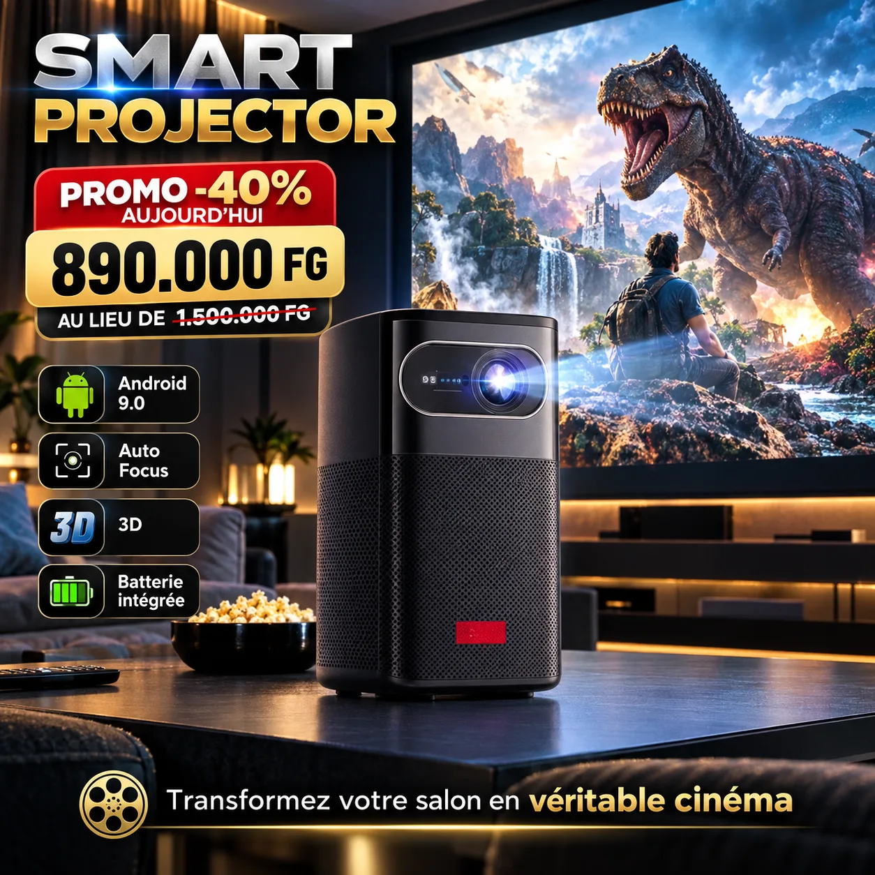 🎬 Projecteur intelligent Android 9.0 — Votre cinéma partout