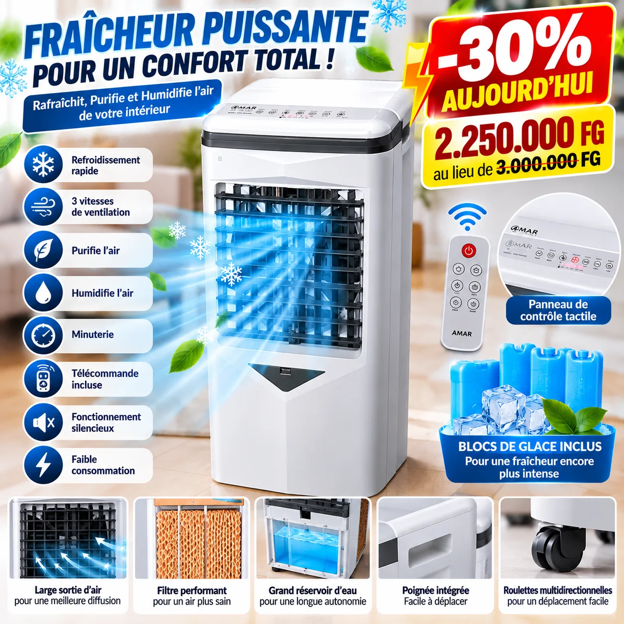 Climatiseur solaire rechargeable 30L