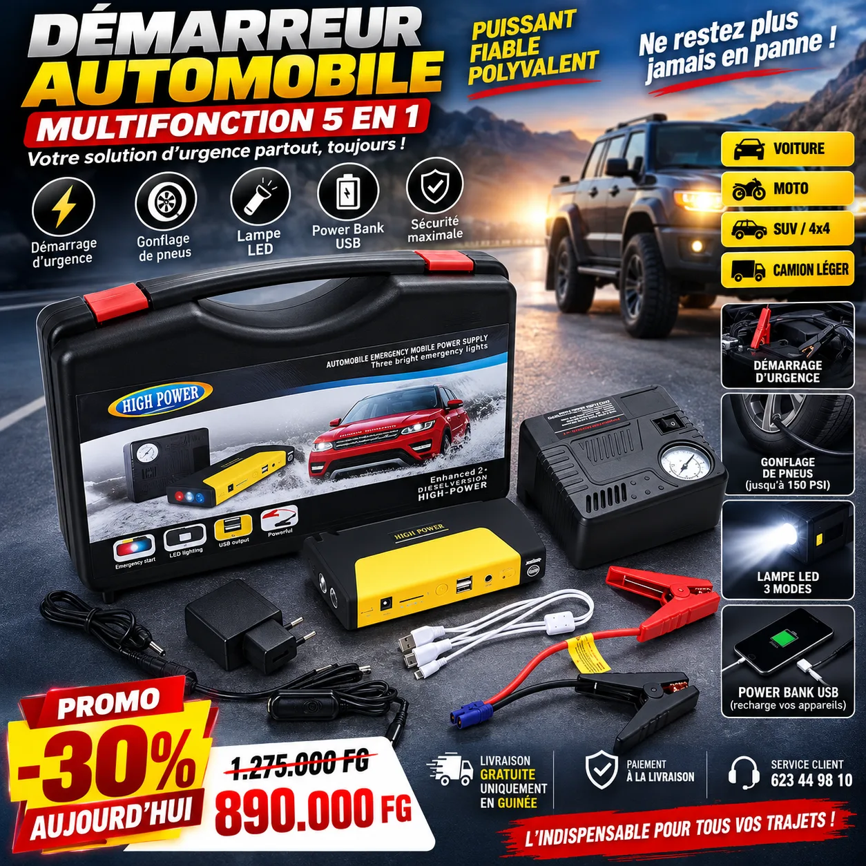 DÉMARREUR AUTOMOBILE MULTIFONCTION 5 EN 1 12V : Ne soyez plus jamais à court de batterie !