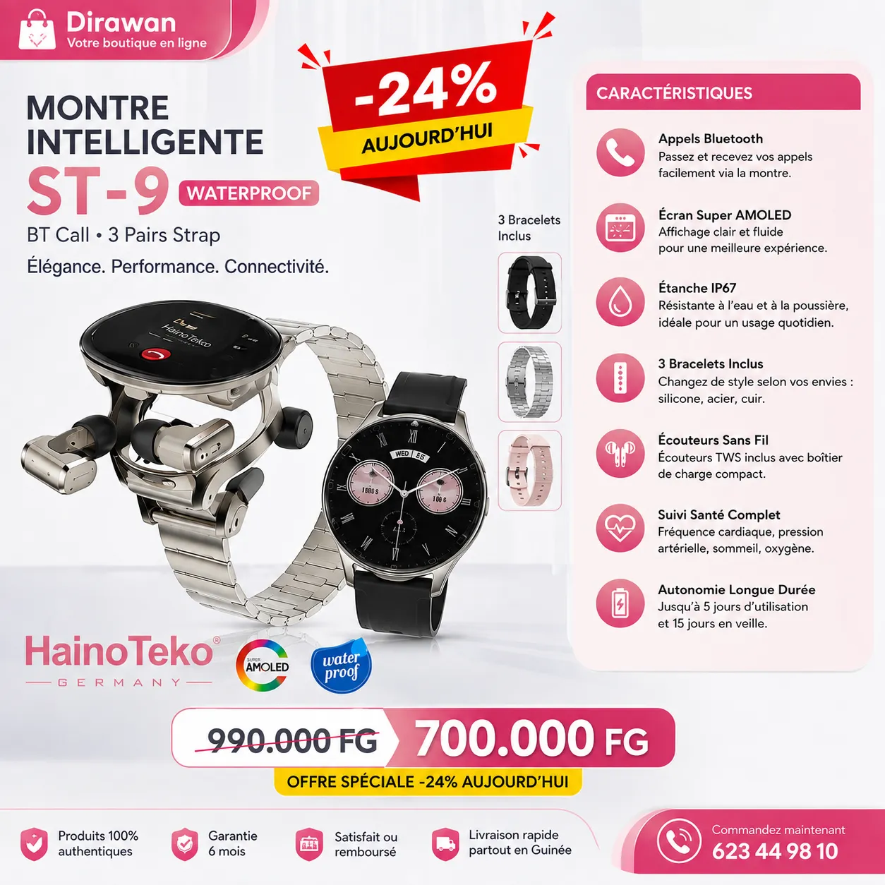 Montre Connectée HainoTeko ST-9 Waterproof + Écouteurs Sans Fil — vue 1