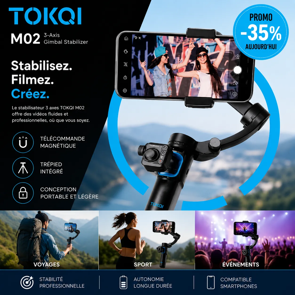 Stabilisateur Gimbal 3 Axes Professionnel pour Smartphone — vue 1