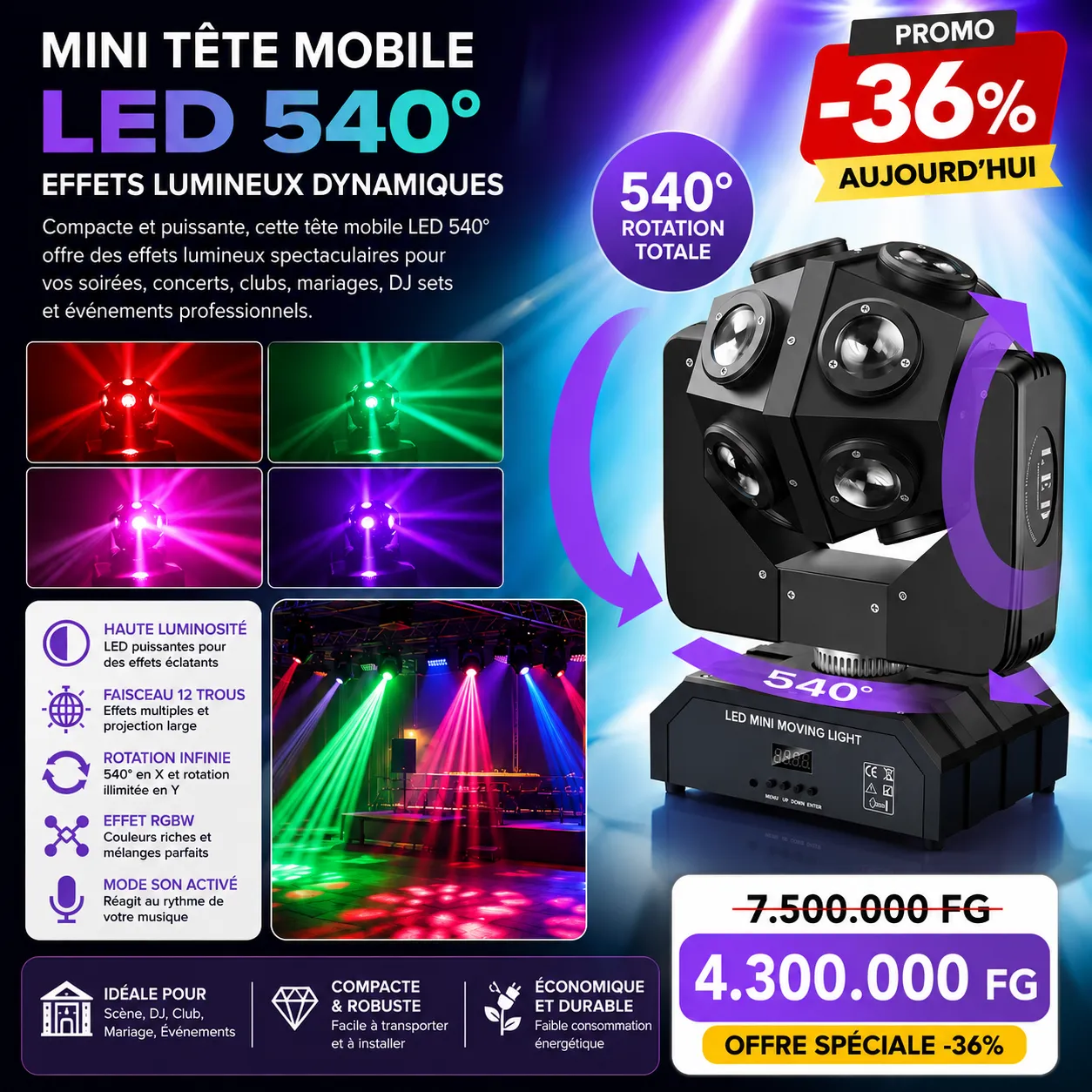 🎇 Projecteur Méga Tête Mobile LED 540° — Effets Lumineux Spectaculaires — vue 1