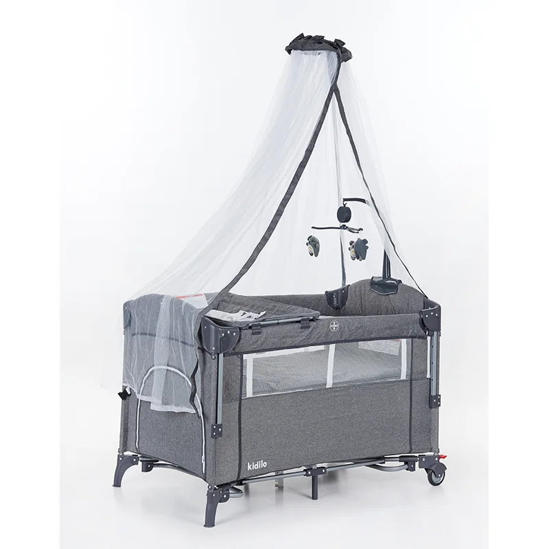 Lit bébé multifonctionnel simple avec moustiquaire, pliable, amovible, parc pour enfants patchwork, lit cododo avec jouets — miniature 4