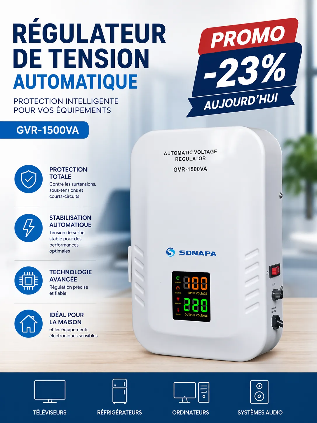 Régulateur de Tension Automatique YAKI 3000 VA - Protection Optimale — vue 1