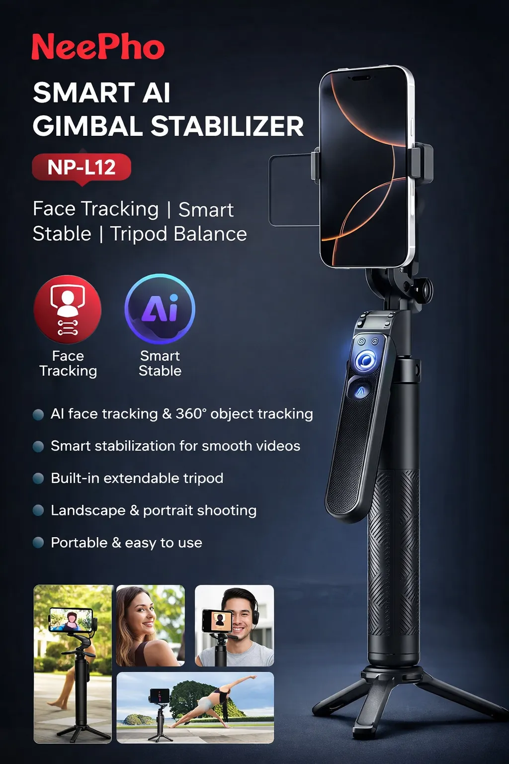Stabilisateur Gimbal NeePho NP-L12 – Selfie Stick Intelligent avec Trépied — miniature 3