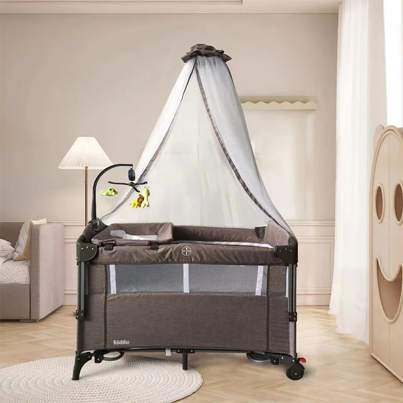 Lit bébé multifonctionnel simple avec moustiquaire, pliable, amovible, parc pour enfants patchwork, lit cododo avec jouets — miniature 7
