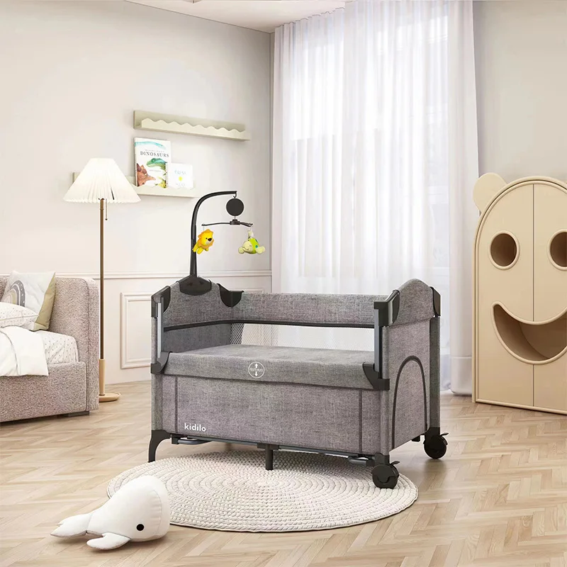 Lit bébé multifonctionnel simple avec moustiquaire, pliable, amovible, parc pour enfants patchwork, lit cododo avec jouets — miniature 2