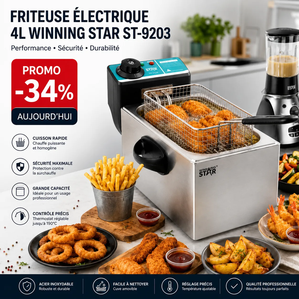 Friteuse Électrique 4L Winning Star ST-9203 - Friture Parfaite à Chaque Fois — vue 1
