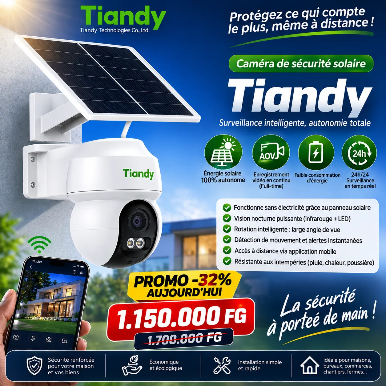 Caméra Solaire Intelligente Tiandy – Sécurité 24h/24, Sans Électricité — vue 1