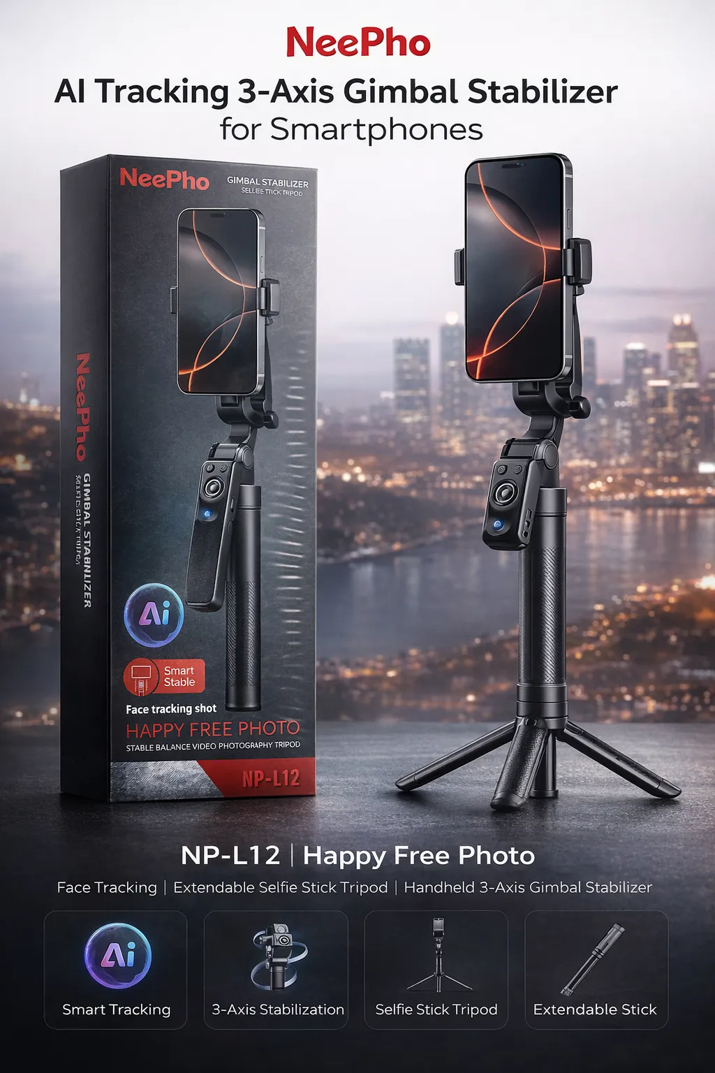 Stabilisateur Gimbal NeePho NP-L12 – Selfie Stick Intelligent avec Trépied — miniature 2