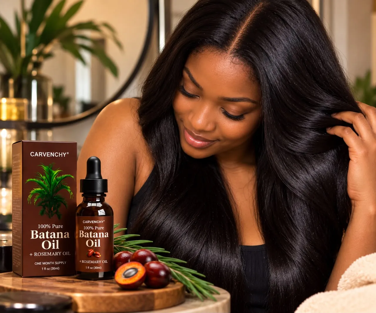 Femme prenant soin de ses cheveux avec l'huile de Batana