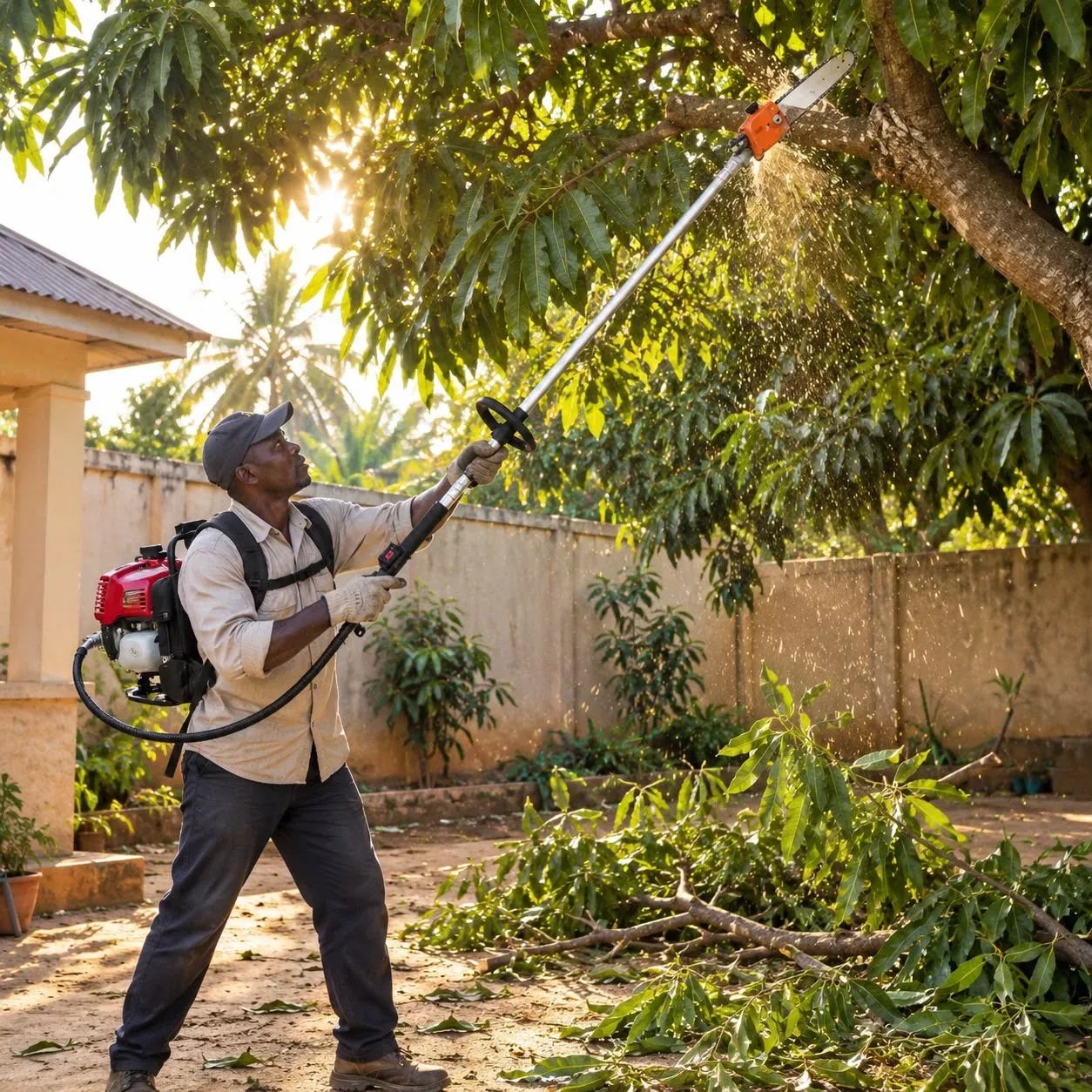Élagage d'une branche avec la perche à chaîne