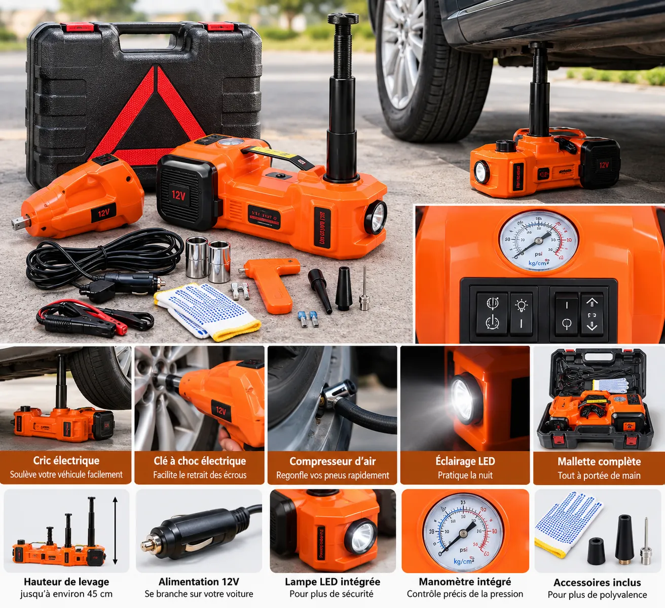 CRIC ÉLECTRIQUE 12V 5-EN-1 — LE KIT AUTO QUI VOUS SAUVE LA MISE !