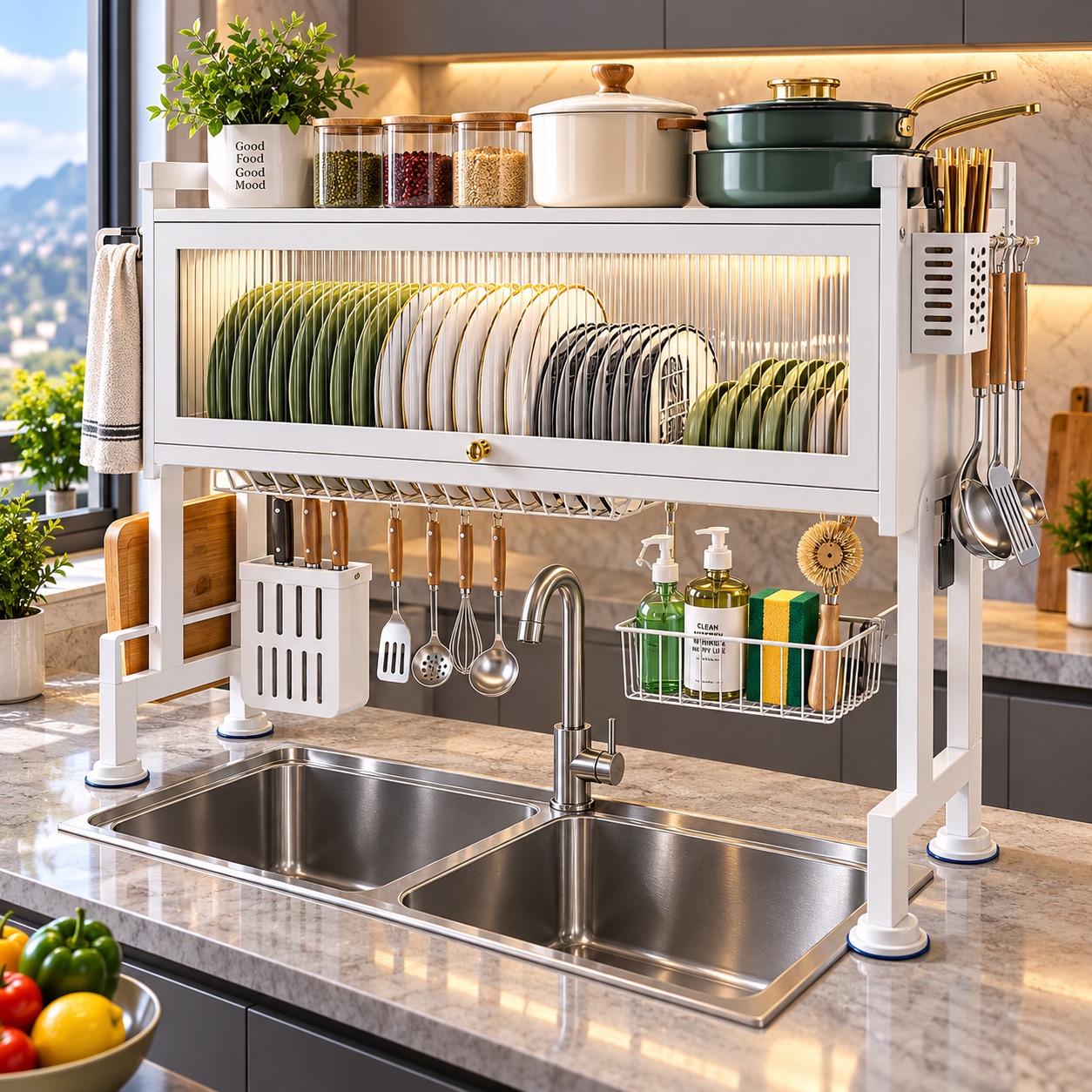 🍽️ ÉGOUTTOIR DE CUISINE MULTIFONCTION AVEC DOUBLE ÉVIER