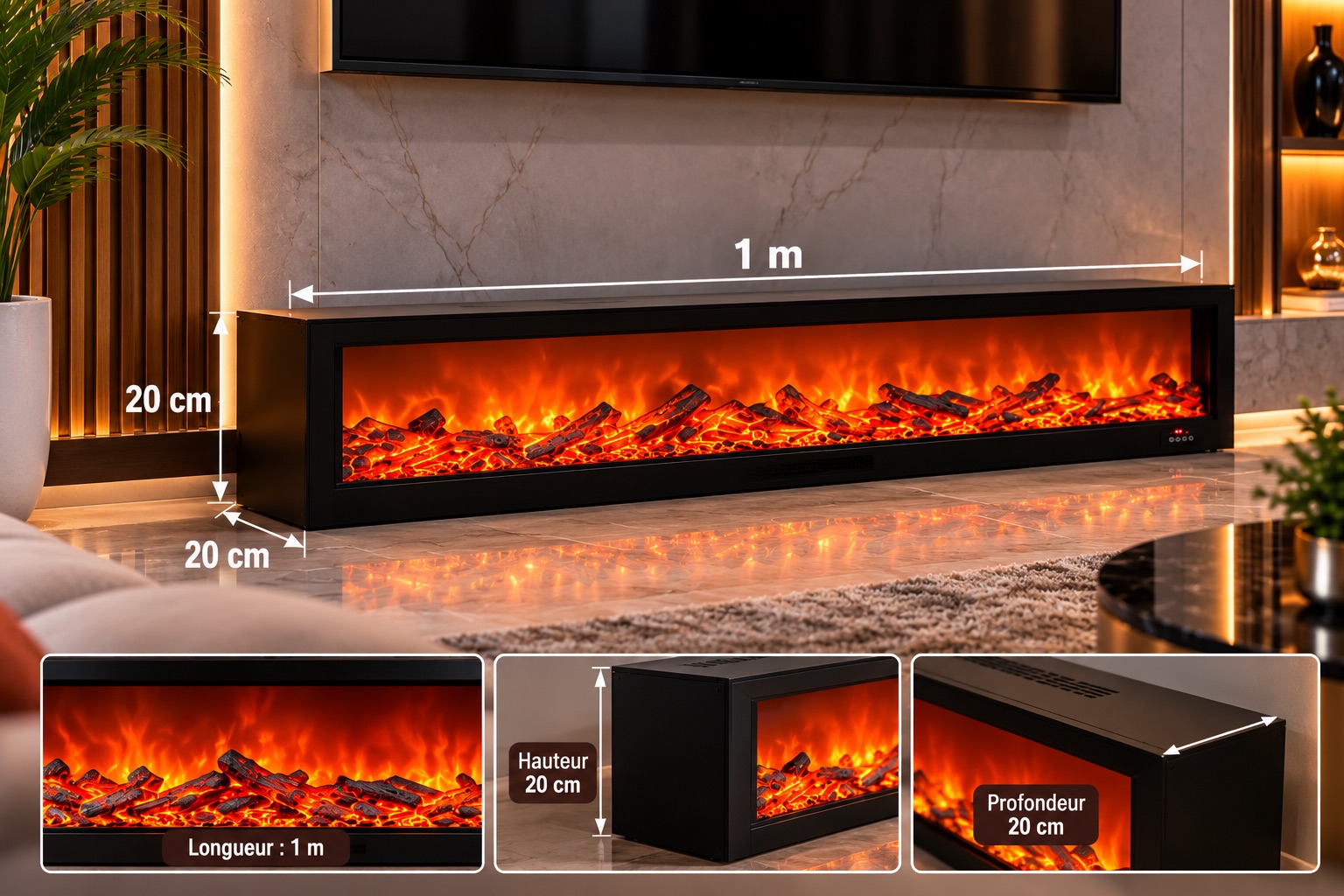 Cheminée Décorative LED Noire 1 m – Effet Flammes Élégant pour Salon — miniature 2