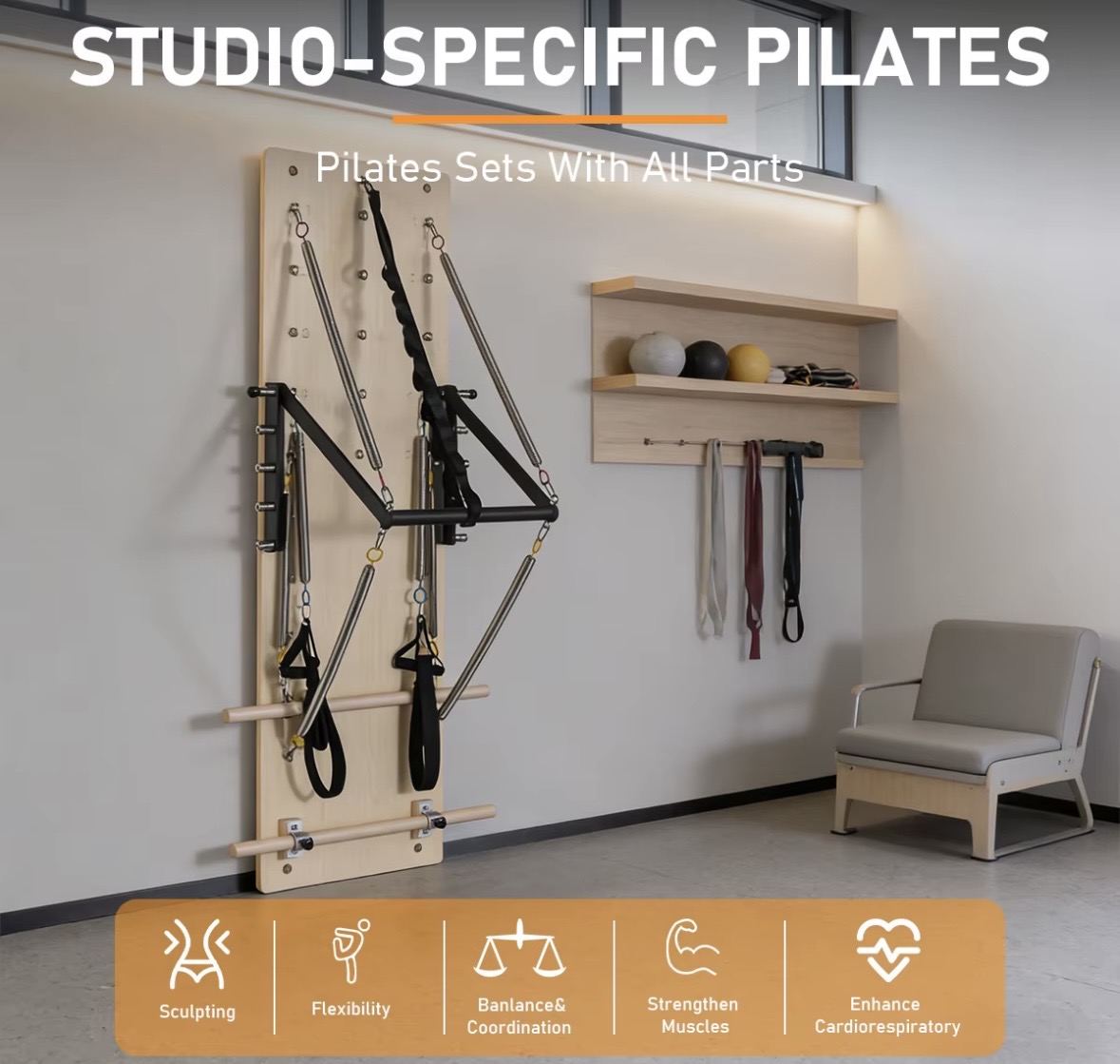 Unité Murale de Pilates en Bois pour Usage Commercial en Studio, Reformer, Springboard, Planche Murale de Pilates — miniature 3
