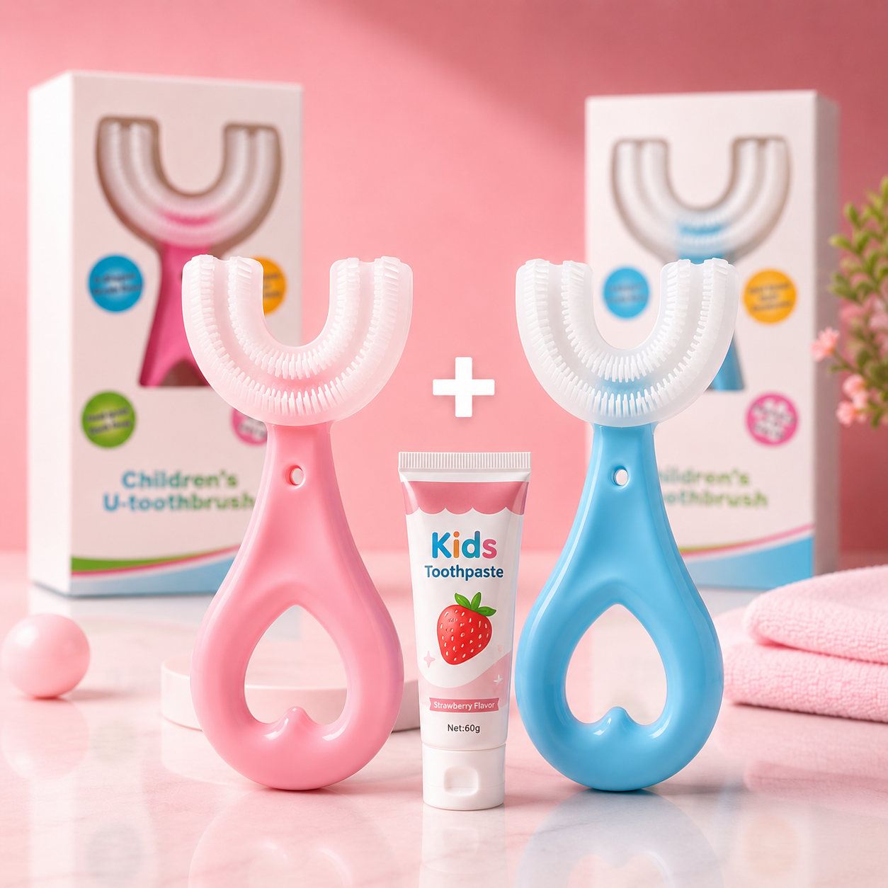 Brosse à Dents U 360° pour Enfants - Pack de 2 brosses + 1 Pâte dentifrice d'Enfants